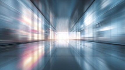 Fototapeta premium Abstract blur of modern architecture and innovative design, with light and reflections shaping a futuristic interior space, showcasing a dynamic hallway in motion, blending aesthetics and technology