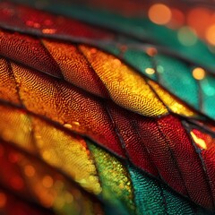 Close-up of colorful insect wing with vibrant red, orange, and green patterns