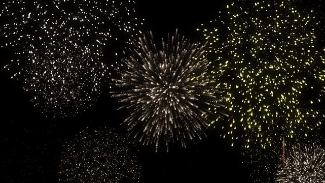 Golden and white fireworks explosion display isolated transparent background in 4k alpha channel