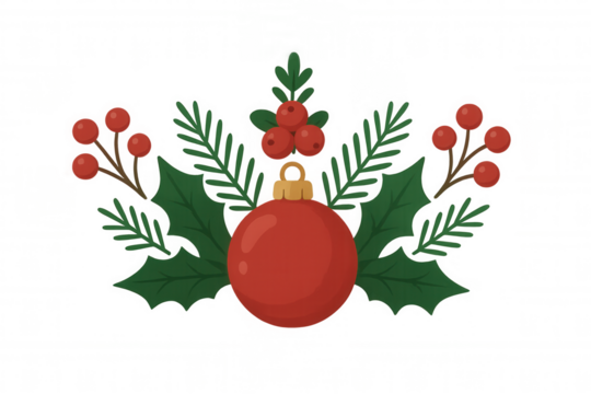 Christmas garland decoration with red bauble, holly leaves, and pine branches for holiday design, transparent background - Powered by Adobe