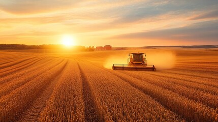Fototapeta premium Combine harvesting wheat crops at sunset in wide rural farmland with golden sunlight haze