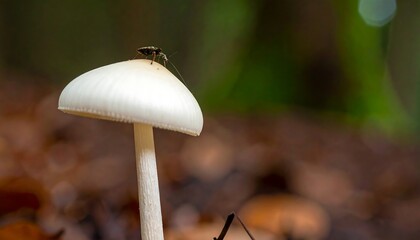 Close-up of a white mushroom with insect