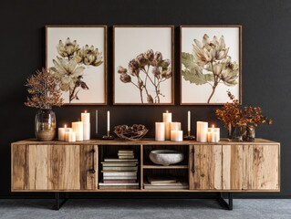 A wooden media cabinet, displaying three framed floral prints, with warm tones, and candles, creating a cozy autumnal ambiance.