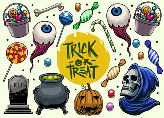 Fototapeta premium Trick or Treat Element Set Illustration in Color Style