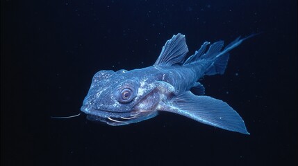 chimaera. A deep-sea chimaera glowing with bioluminescent forehead lights in the dark ocean abyss. wildlife magazines, conservation campaigns, designed for eco-tourism storytelling.