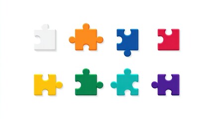 Naklejka premium Eight colorful jigsaw puzzle pieces, neatly arranged on a white background
