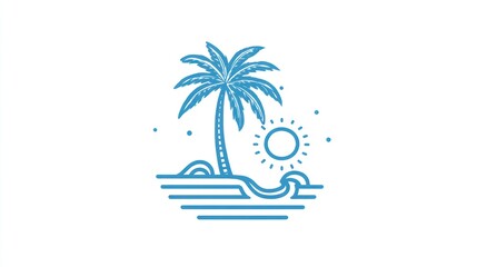 Obraz premium Simple, stylized illustration of a palm tree on a shore with sun and waves, blue on white