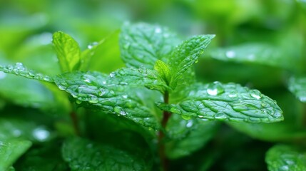 Close-Up of Fresh Green Mint Leaves with Raindrops, Showcasing the Vibrant Texture and Lushness of Nature's Herb in a Natural Setting