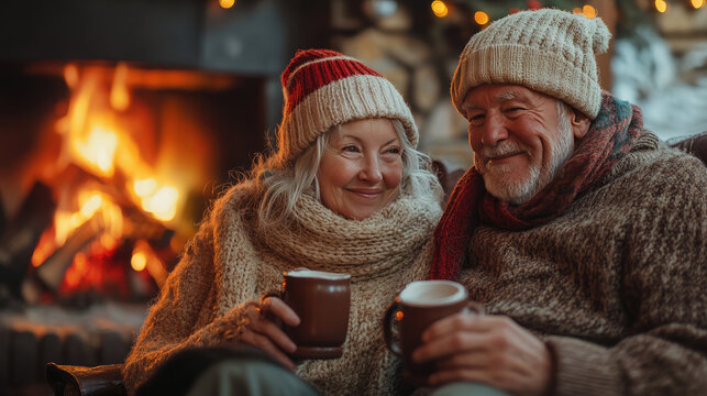 smiling elderly couple holding mugs of hot cocoa sitting together on rug near glowing fireplace festive home atmosphere warmth love romance holiday season cozy winter moment