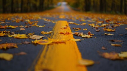 Naklejka premium Autumn road with fallen leaves and yellow line leads into the distance through trees