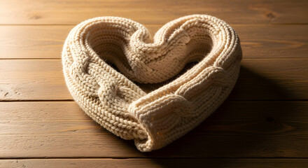 Cozy knitted scarf styled into heart on wooden surface, detailed photorealism