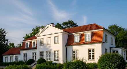 An elegant, white historic manor house with a classic red mansard roof and dormer windows, surrounded by lush greenery under a blue sky