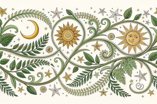 Vine Scroll Border Pattern with Sun, Moon and Stars – Ornamental Botanical Flourish, Vintage Art Nouveau Celestial Floral Divider in Green and Gold