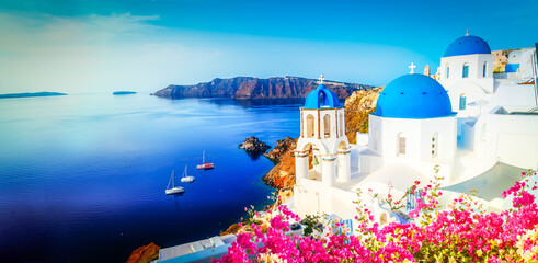 Naklejka premium white belfries Santorini island, Greece