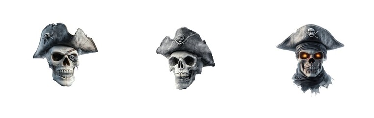 Pirate skull trio with eyepatches and hats on black