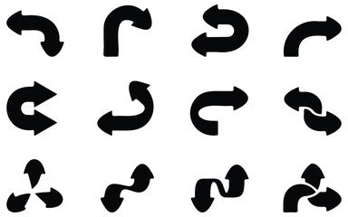 Collection of various black arrow shapes, pointing in different directions, direction and navigation symbols, cursor and pointer icons, graphic design elements set