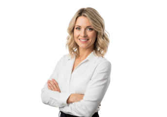 A confident blonde woman in a white shirt stands with her arms crossed, isolated on a transparent background.
