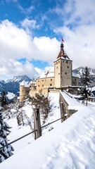 Snowy castle perched on a mountaintop