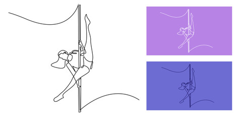 Continuous line drawing of a woman pole dancing, minimalist one line art illustration symbolizing flexibility, strength, balance, and fitness lifestyle.