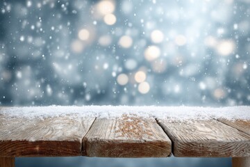 Wooden table covered in snow, blurred winter background