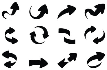 Collection of various black arrow vector shapes, pointing in different directions, direction and navigation icons, cursor and pointer symbols, graphic design elements set