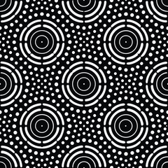 Seamless black and white geometric pattern with concentric circles and dots abstract