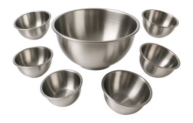 Collection of stainless steel mixing bowls in various sizes.