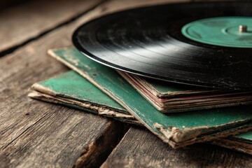 Vintage vinyl record and album covers on a rustic wooden table