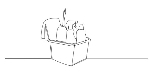 Continuous one line drawing of cleaning supplies in a bucket. Minimalist outline illustration with spray bottle, detergent, brush, and cloth for housework or sanitation.