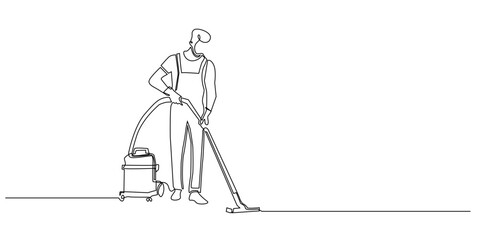 Continuous line drawing of a man vacuuming the floor with a professional cleaning machine, wearing overalls, illustrated in a minimalistic linear style.