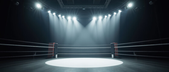 Professional boxing ring illuminated by bright lights, creating dramatic atmosphere for upcoming match