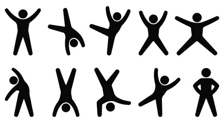 Diverse stick figures in dynamic poses, showcasing movement, exercise, active lifestyle concept, black vector illustration, human activity and fitness symbols, health and wellness design elements