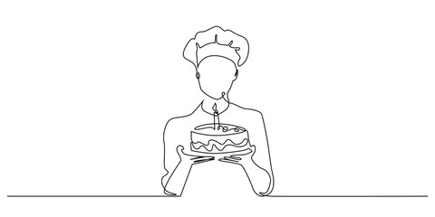 Continuous one line drawing of a chef holding a birthday cake with a candle, minimalist abstract bakery art symbolizing celebration, culinary creativity, and special occasions.