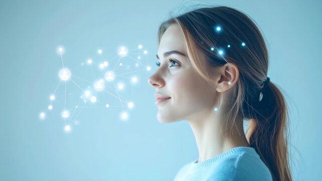 A visionary woman contemplates the network of connections and possibilities within her mind, a digital representation of her creative thoughts and mental landscape.