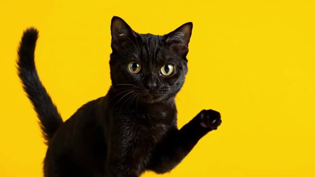 A close-up portrait of a cute black cat with piercing yellow eyes against a dark background