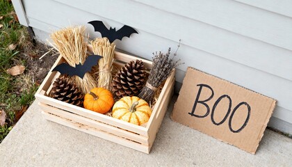 Zero waste Halloween flat lay of a zero waste front yard display featuring pumpkins, pine cones, straw decorations, and a spooky sign