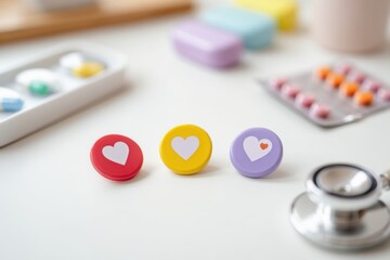 Colorful heart-shaped buttons on a white surface with medical supplies