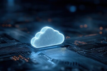 Glowing cloud icon on circuit board