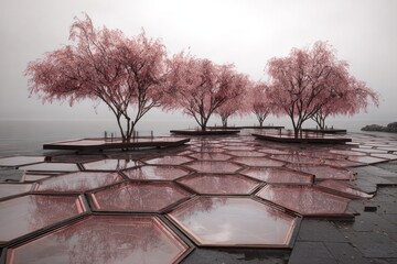 A serene waterfront promenade featuring pink cherry blossoms, hexagonal glass panels reflecting the misty sky, and a tranquil lake setting.