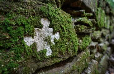 Puzzle piece etched in a mossy stone wall