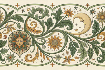 Vine Scroll Border Pattern with Sun, Moon and Stars - Ornamental Botanical Flourish, Vintage Art Nouveau Floral Seamless Divider in Green and Gold