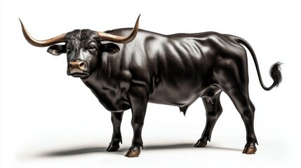 A striking 3D illustration of a black bull set against a white background.