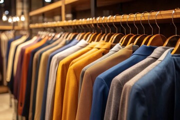 Fototapeta premium A stylish array of male clothing elegantly displayed on hangers.