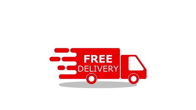 Red free delivery truck icon with motion lines. Fast shipping van symbol for e-commerce, online shopping, and logistics services.