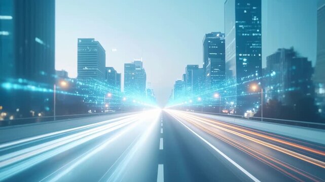 An urban cityscape unveils a visionary perspective on advanced transport and futuristic technology. The city comes alive, illuminated by the convergence of innovation. 
