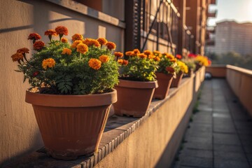 Terracotta pots filled with blooming marigold plants on a sunlit balcony,