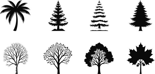 Set of tree silhouettes in nature concept vector illustration