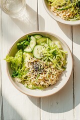 Cold ramen salad bowl with cucumbers, lettuce, avocado slices, and sesame dressing in pastel bowl