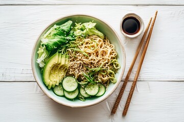 Cold ramen salad bowl with cucumbers, lettuce, avocado slices, and sesame dressing in pastel bowl