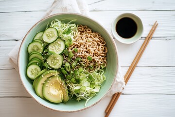 Cold ramen salad bowl with cucumbers, lettuce, avocado slices, and sesame dressing in pastel bowl